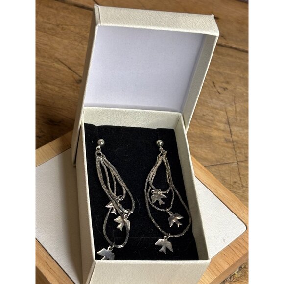 Silver Dangle Earrings With Bird Charms & Twisted Chains For Women - Picture 2 of 5